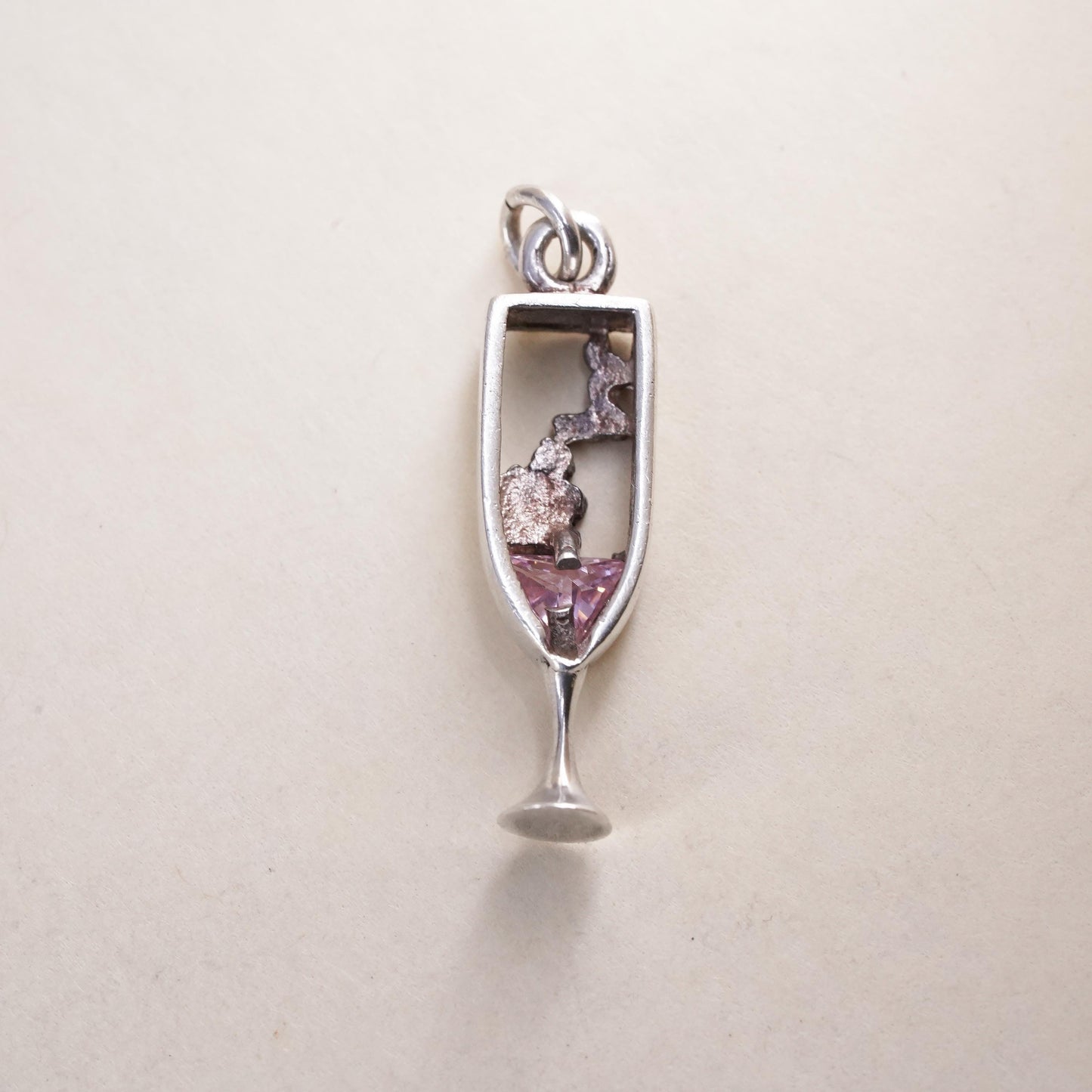 VTG sterling silver handmade pendant, 925 champagne glass charm pink crystal