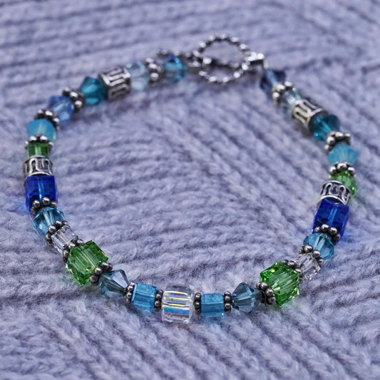 7", Vintage handmade sterling silver bracelet with green blue crystal