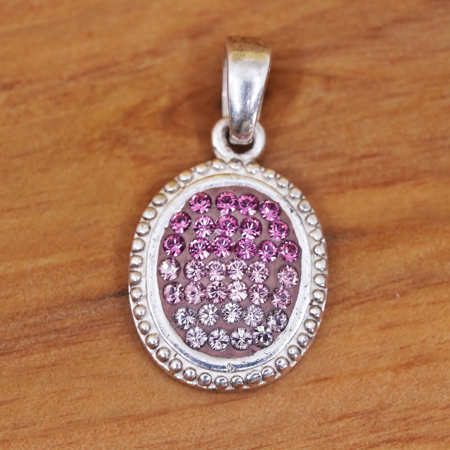 Vintage Sterling 925 silver handmade oval pendant with cluster pink crystal