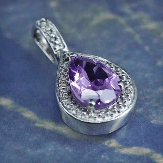 Vintage sterling 925 silver teardrop pendant with amethyst and cz