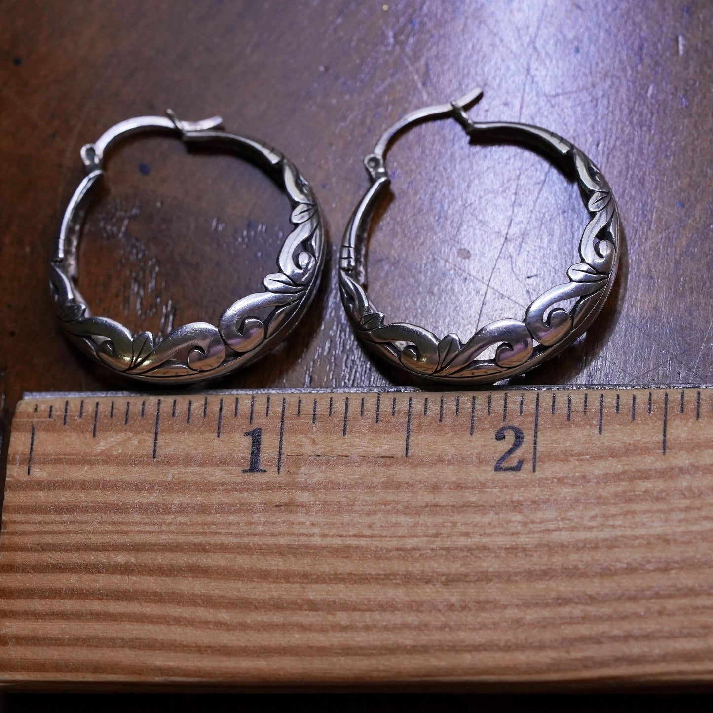 1.25", Vintage sterling silver loop earrings, filigree hoops