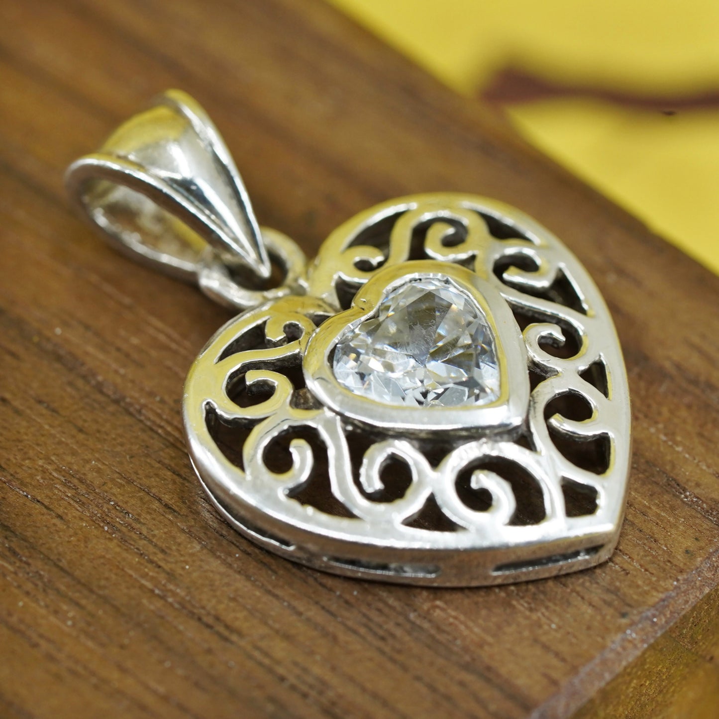 Vintage Sterling 925 silver heart shaped pendant with heart Cz