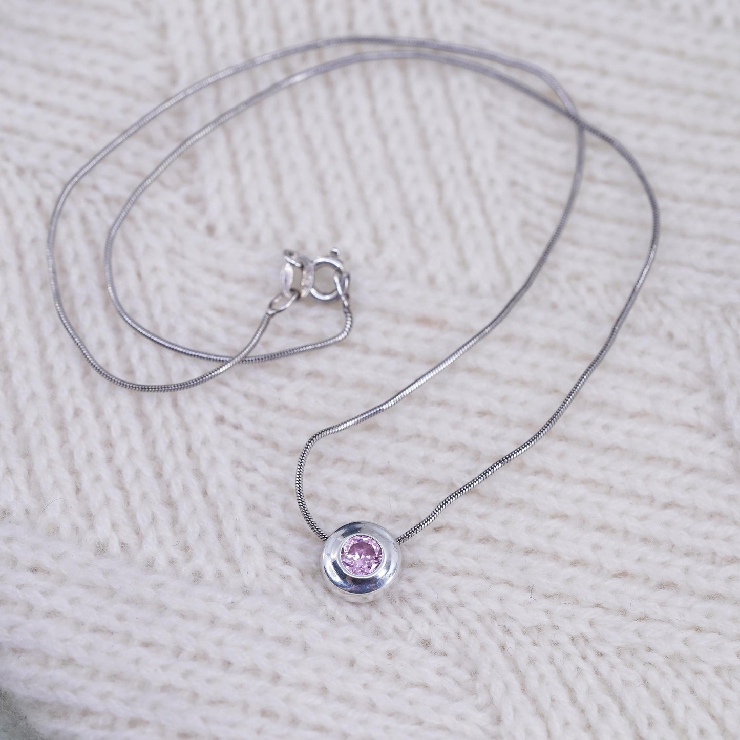 16", Sterling 925 silver snake chain necklace with pink crystal circle pendant