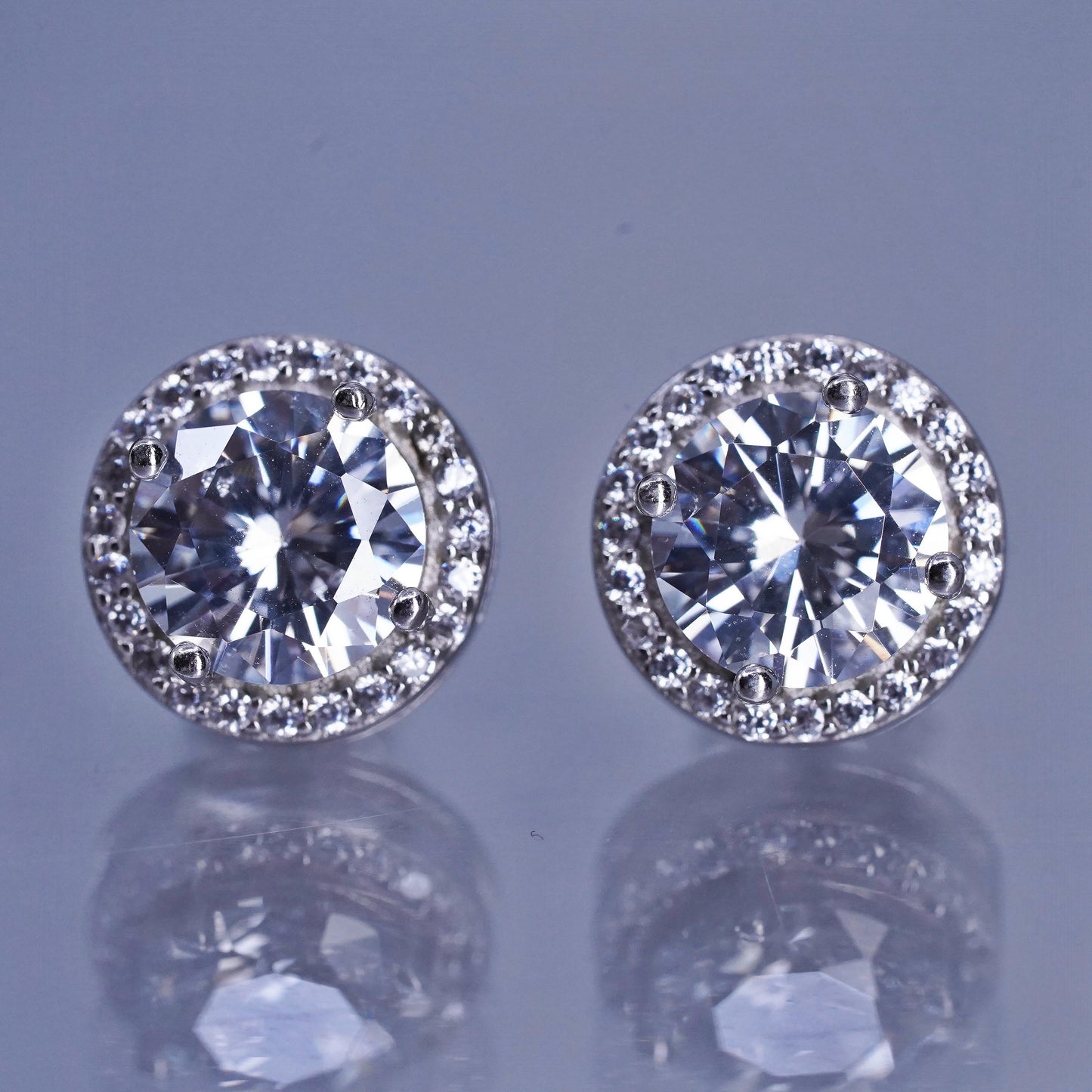 Vintage Sterling 925 silver handmade earrings, circle studs with cluster Cz