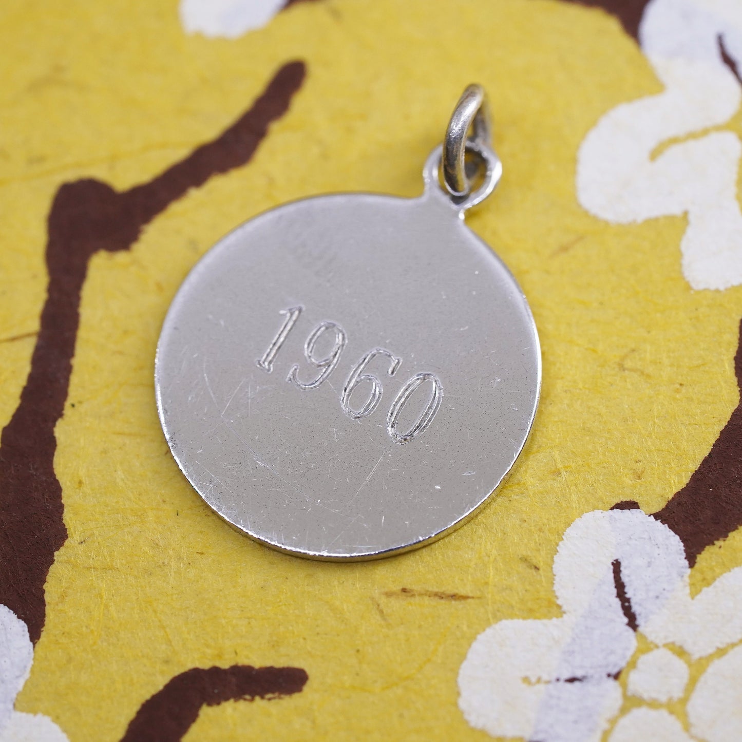 Vintage Sterling silver handmade tag charm engraved 1960, 925 pendant