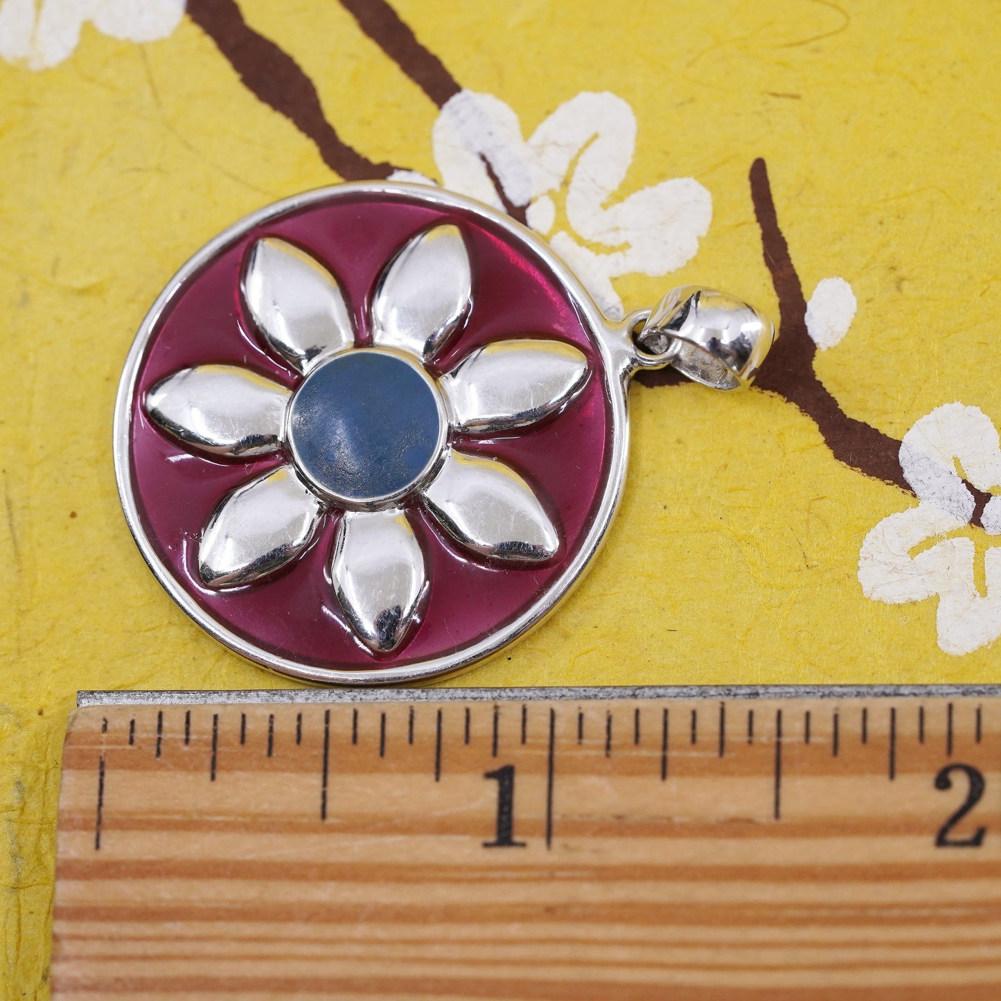 Sterling silver flower pendant, 925 circle charm with enamel and turquoise