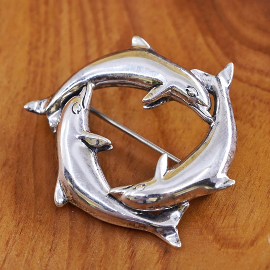 Vintage Kabana handmade sterling 925 silver dolphin circle brooch