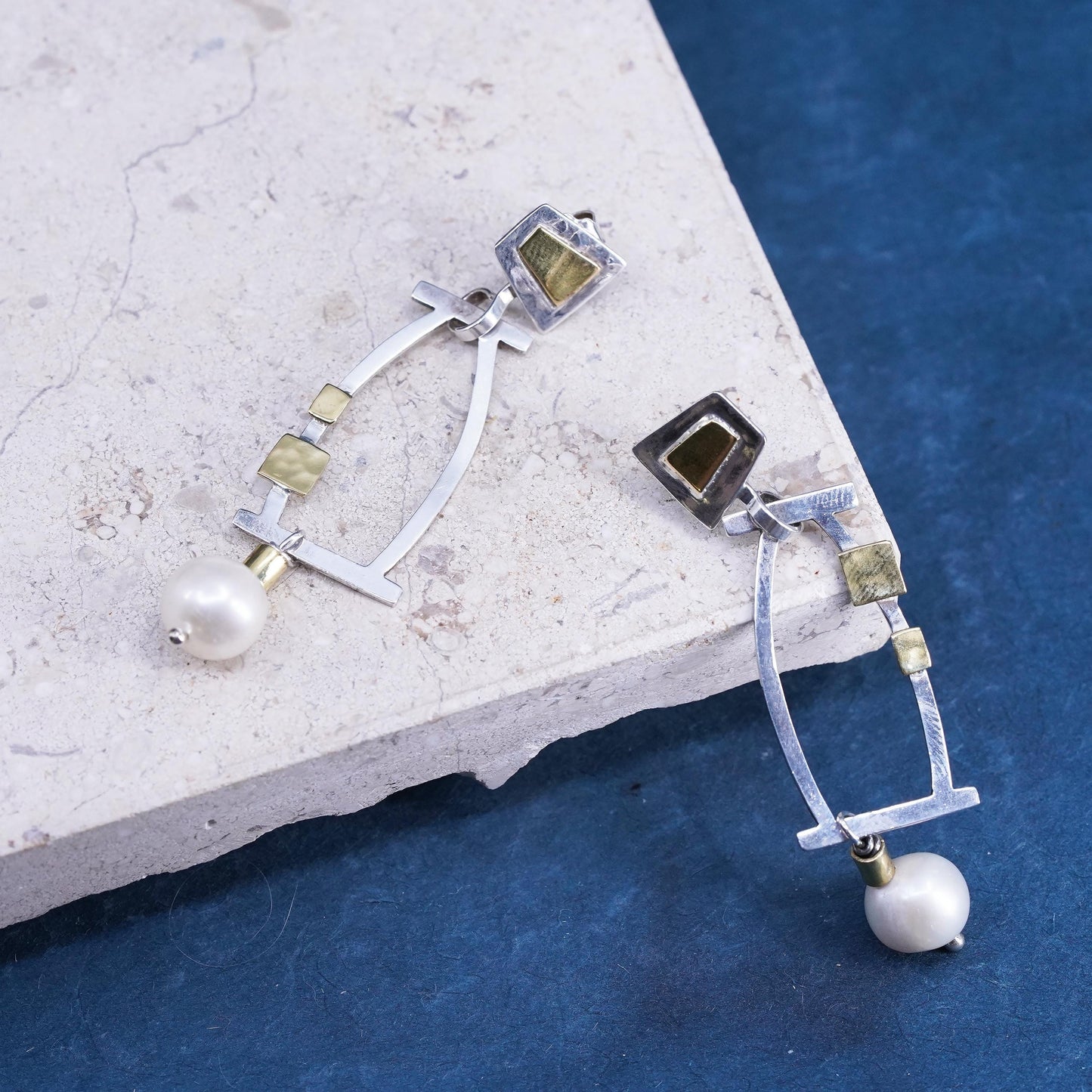 two tone sterling silver earrings, modern 925 silver with brass disc and pearl