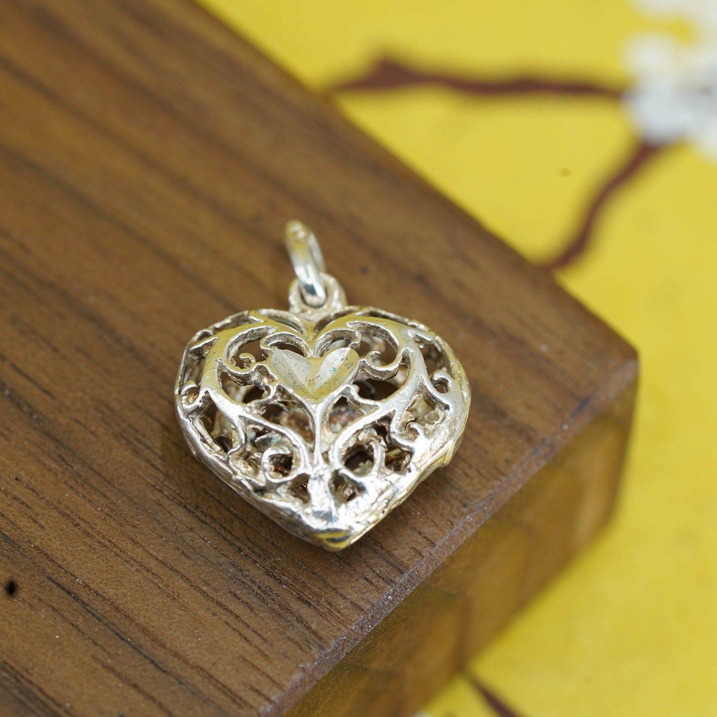 Vintage Sterling silver handmade pendant, 925 filigree heart pendant