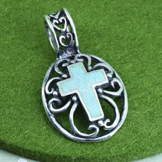 Vintage handmade sterling silver 925 filigree oval pendant with turquoise cross