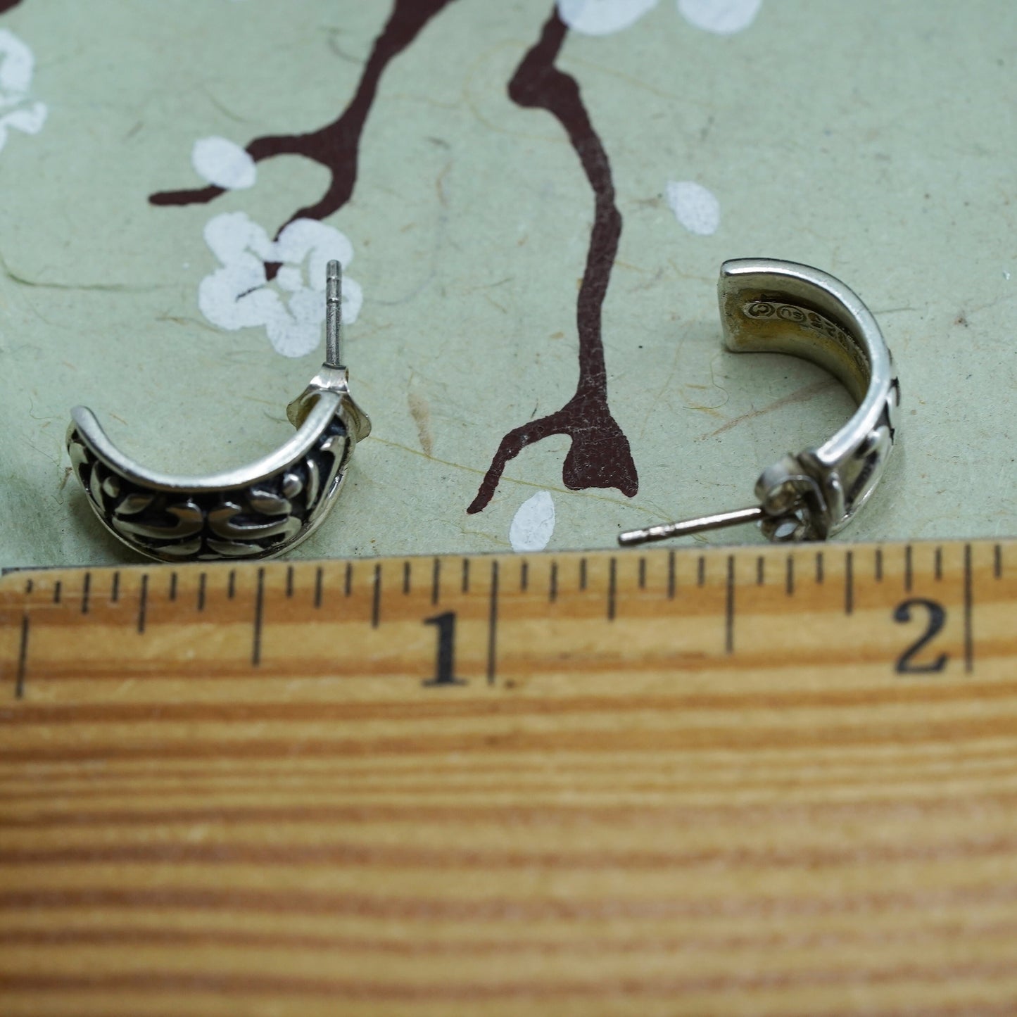 0.5", Vintage sterling silver wide hoops, textured 925 huggie earrings