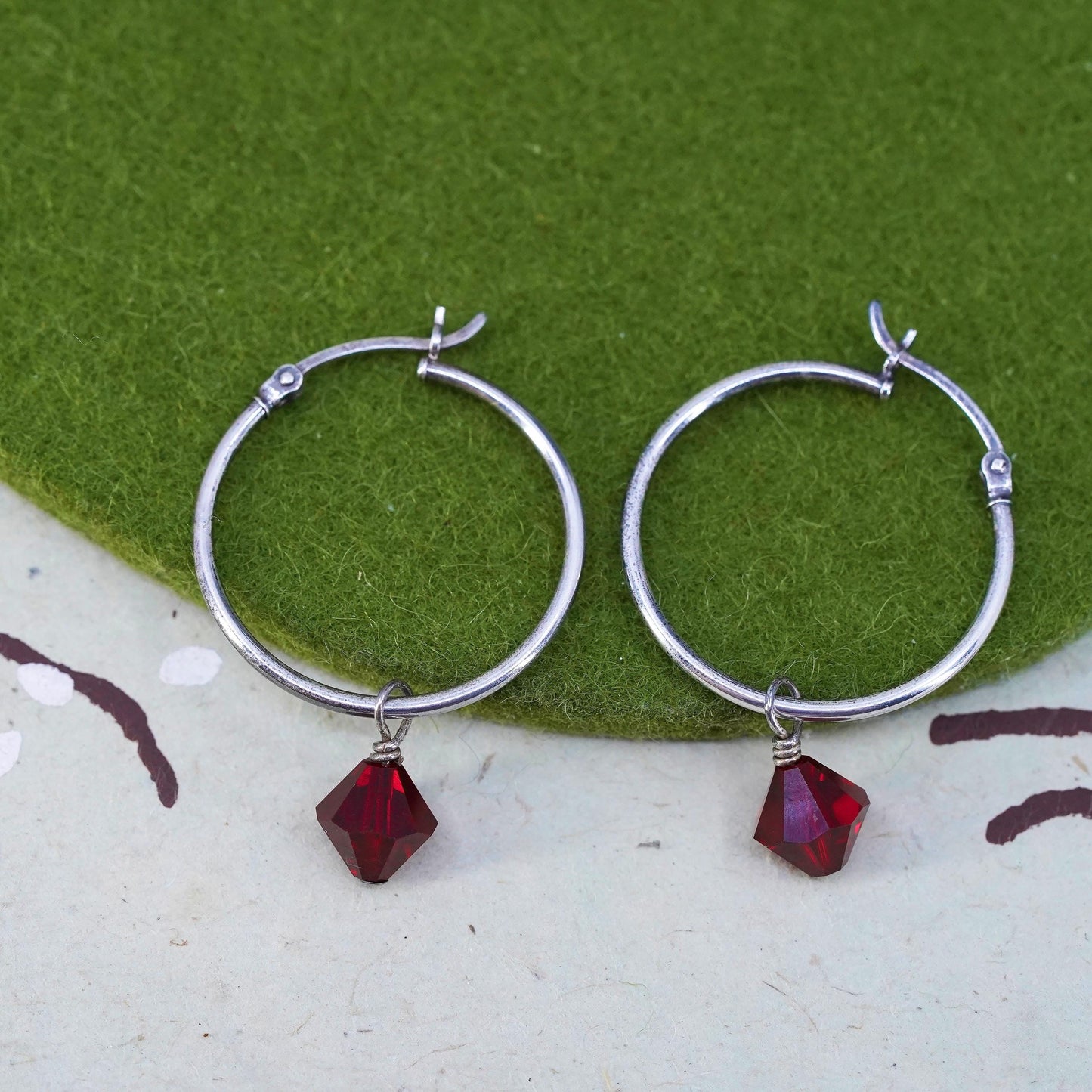 1”, Vintage sterling silver loop earrings, primitive hoops with red crystal