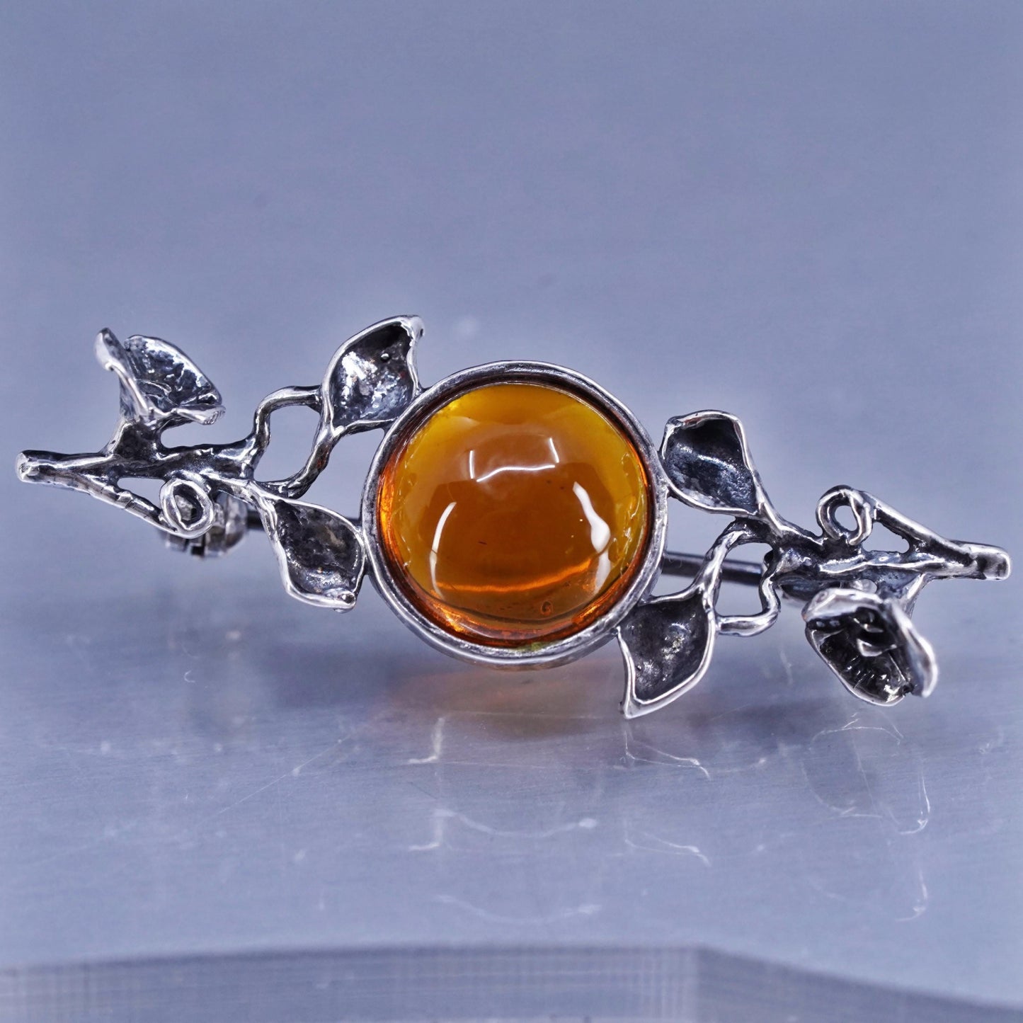 Vintage Sterling 925 silver handmade brooch, leaves vine pin with amber