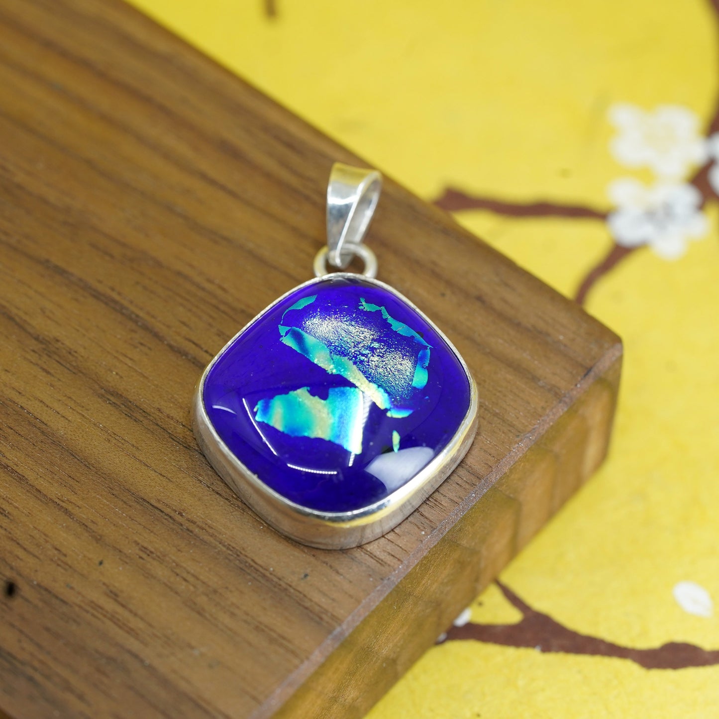 Vintage My Thos Sterling silver 925 handmade pendant with blue Dichroic glass