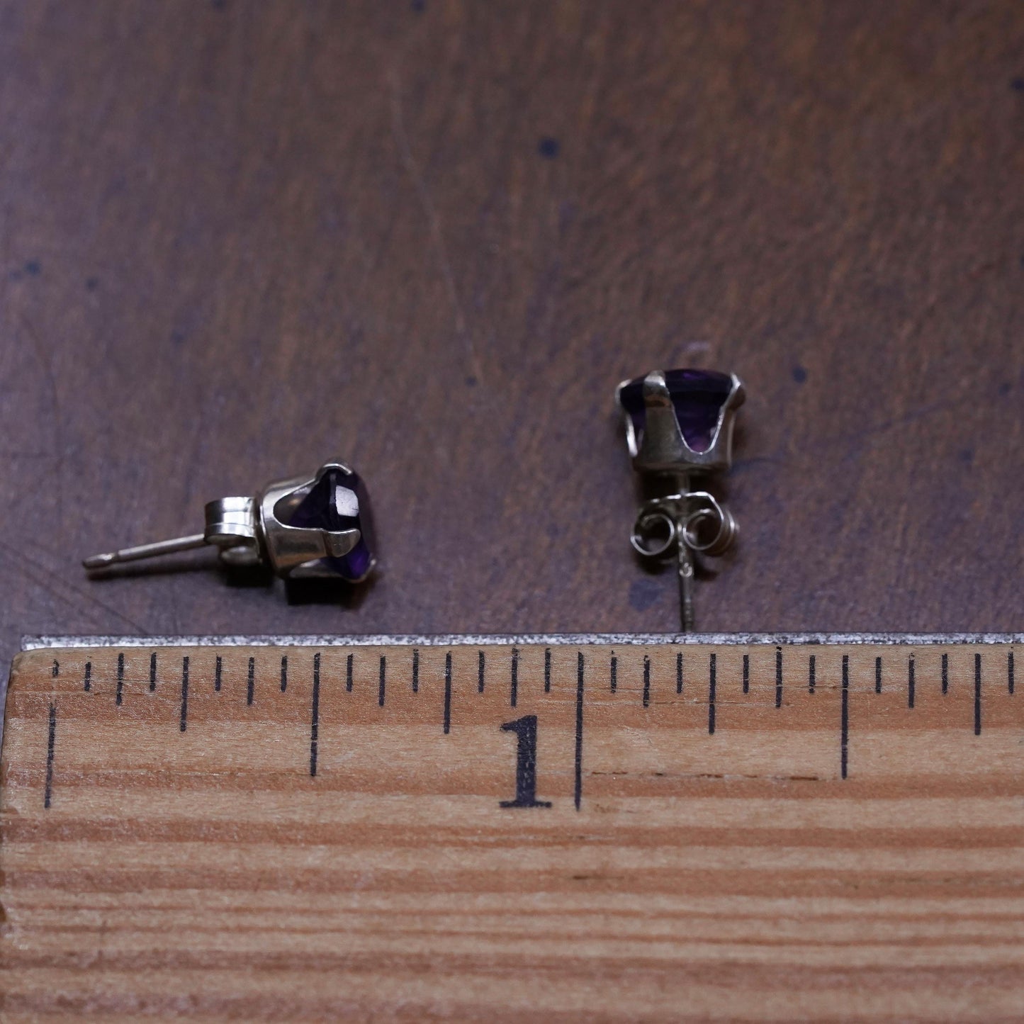 Vintage sterling silver handmade earrings, 925 studs with amethyst