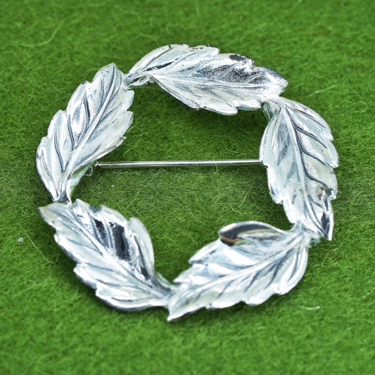 Vintage Sterling silver handmade brooch, 925 leaf circle pin