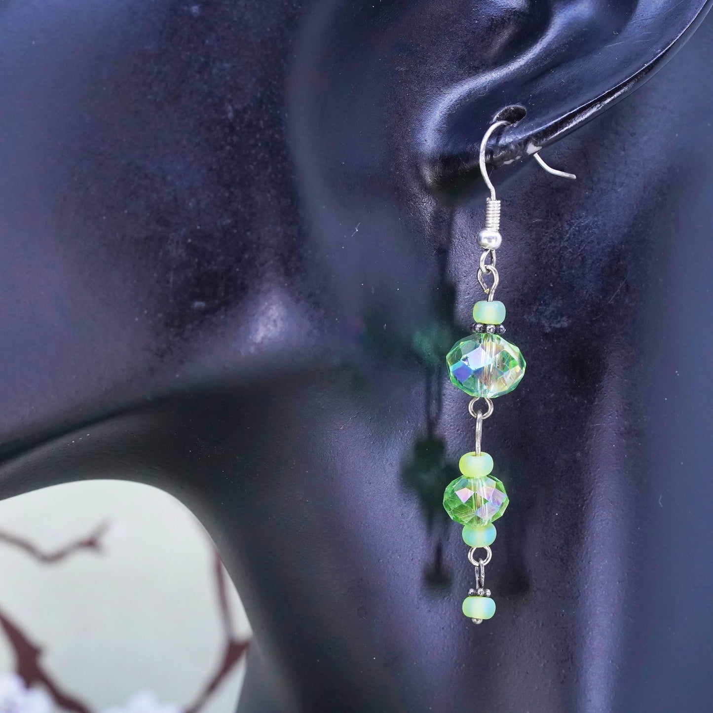 Vintage sterling silver handmade earrings, 925 silver with green crystal drops