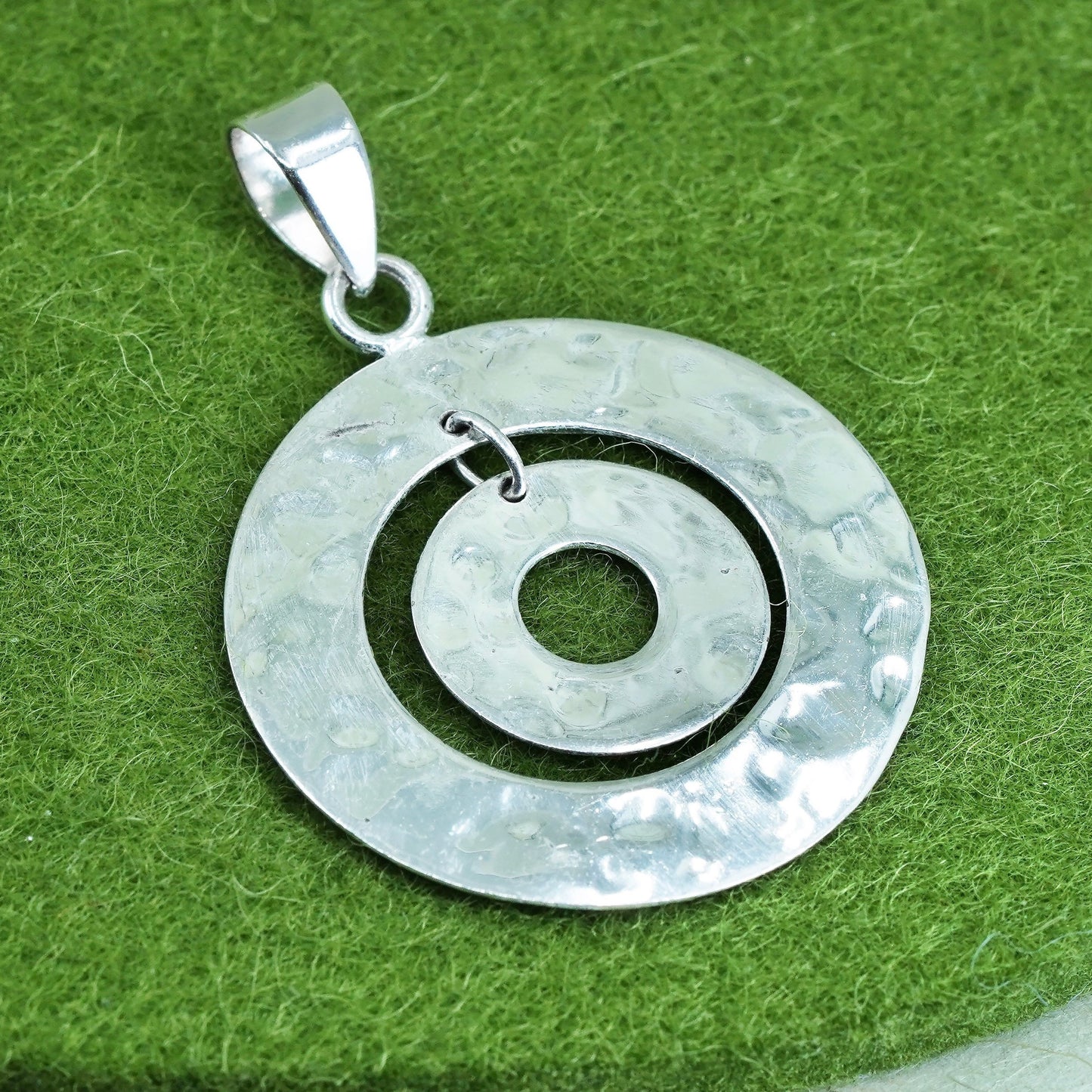 Vintage sterling silver handmade pendant, 925 hammered double circle