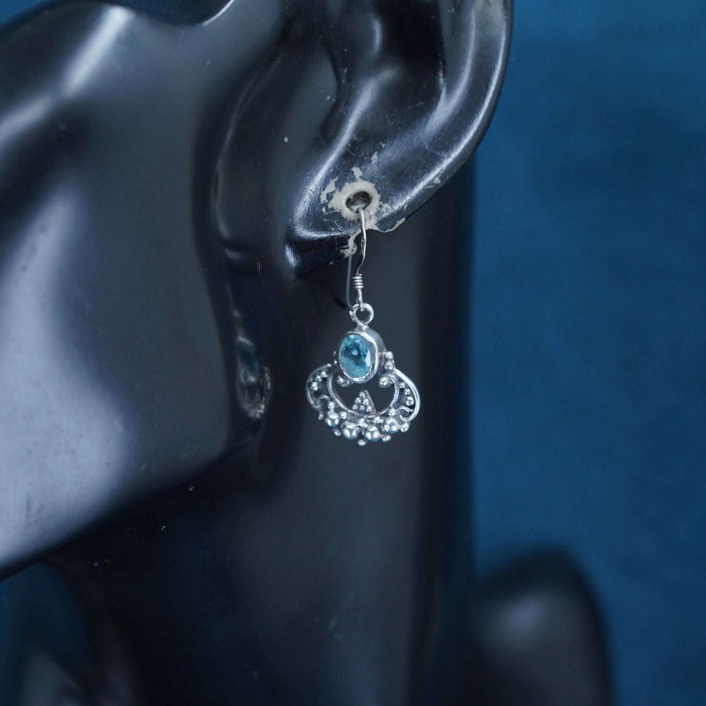 Sterling silver handmade cluster earrings, 925 dangles with blue crystal beads