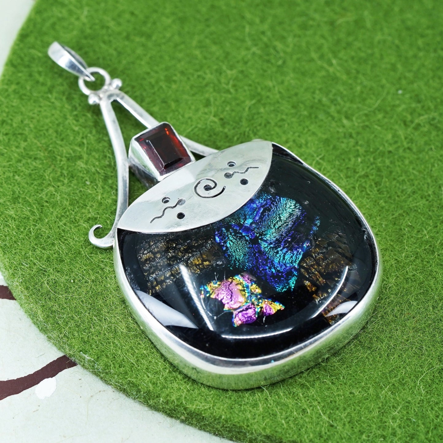 Vintage Mexico sterling silver with handmade dichroic foiled glass pendant