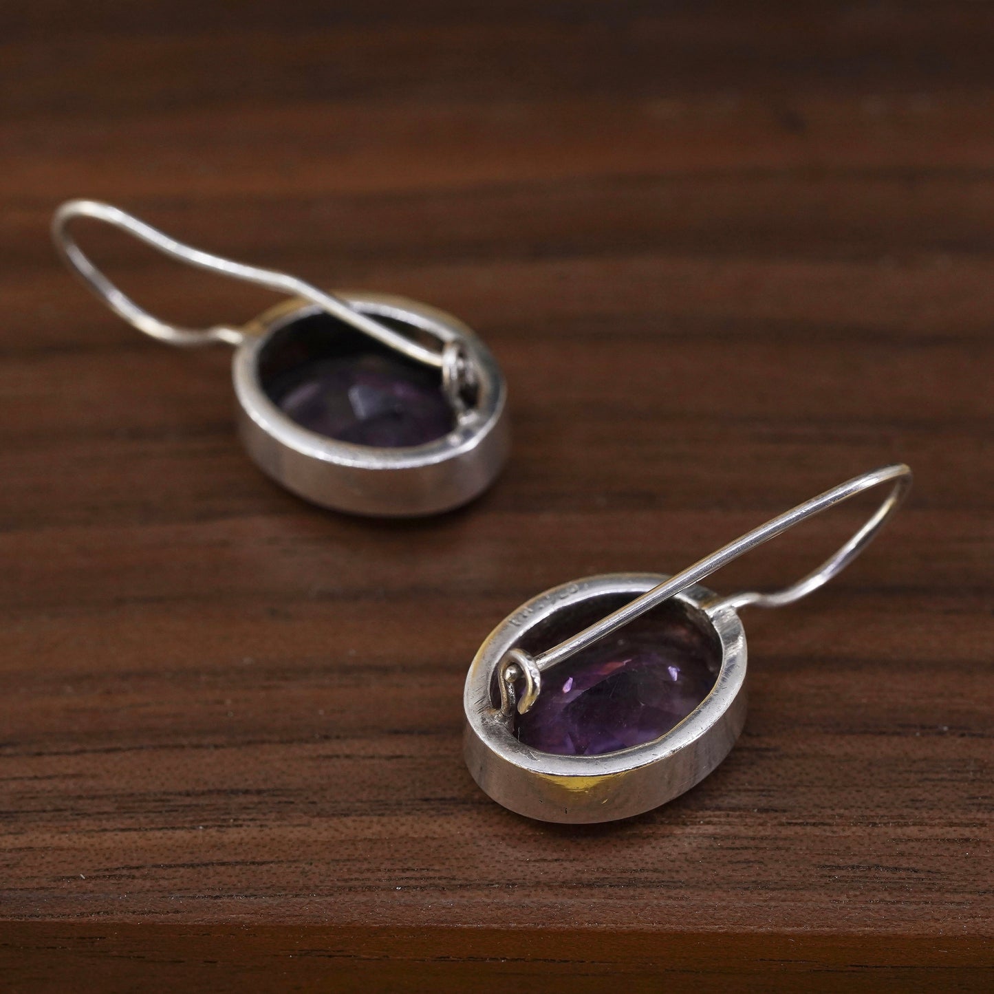 Vintage Sterling silver handmade earrings, 925 dangles with oval amethyst