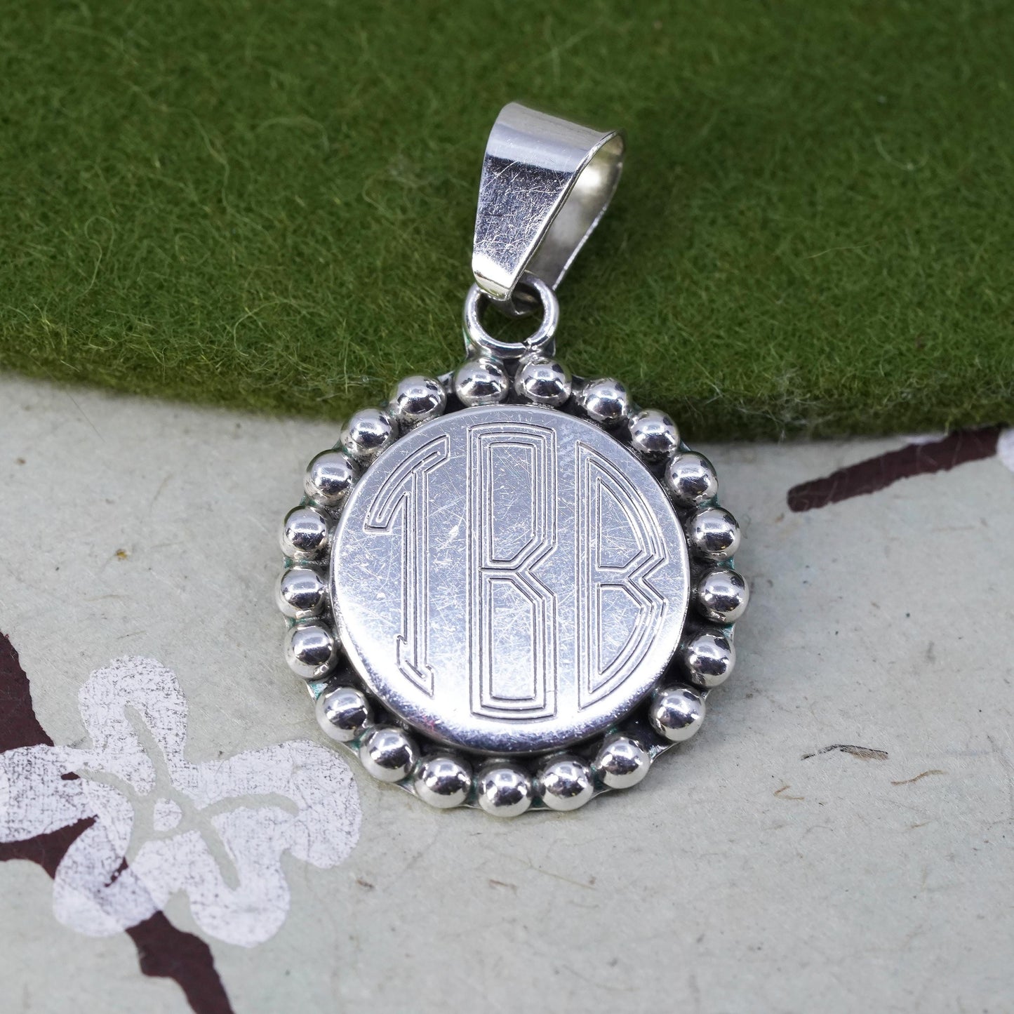 Vintage Sterling silver pendant, Mexico 925 name monogram, laser engraved TBB