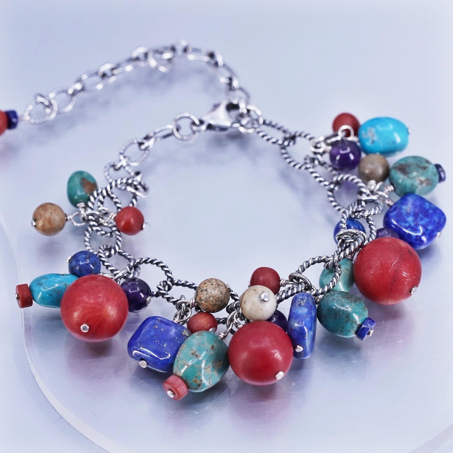 6.5+2”, Sterling 925 silver oval chain bracelet coral turquoise lapis beads