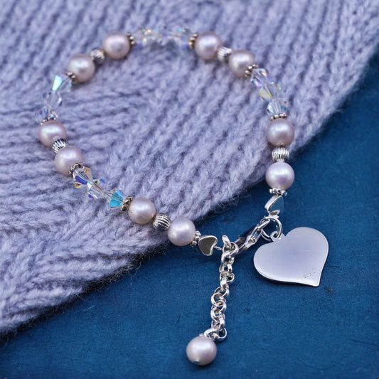 6+1", vintage Judith Jack Sterling 925 silver bracelet with pearl heart charm