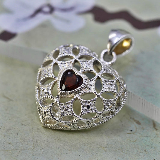 vintage sterling silver handmade pendant, 925 filigree heart charm with garnet