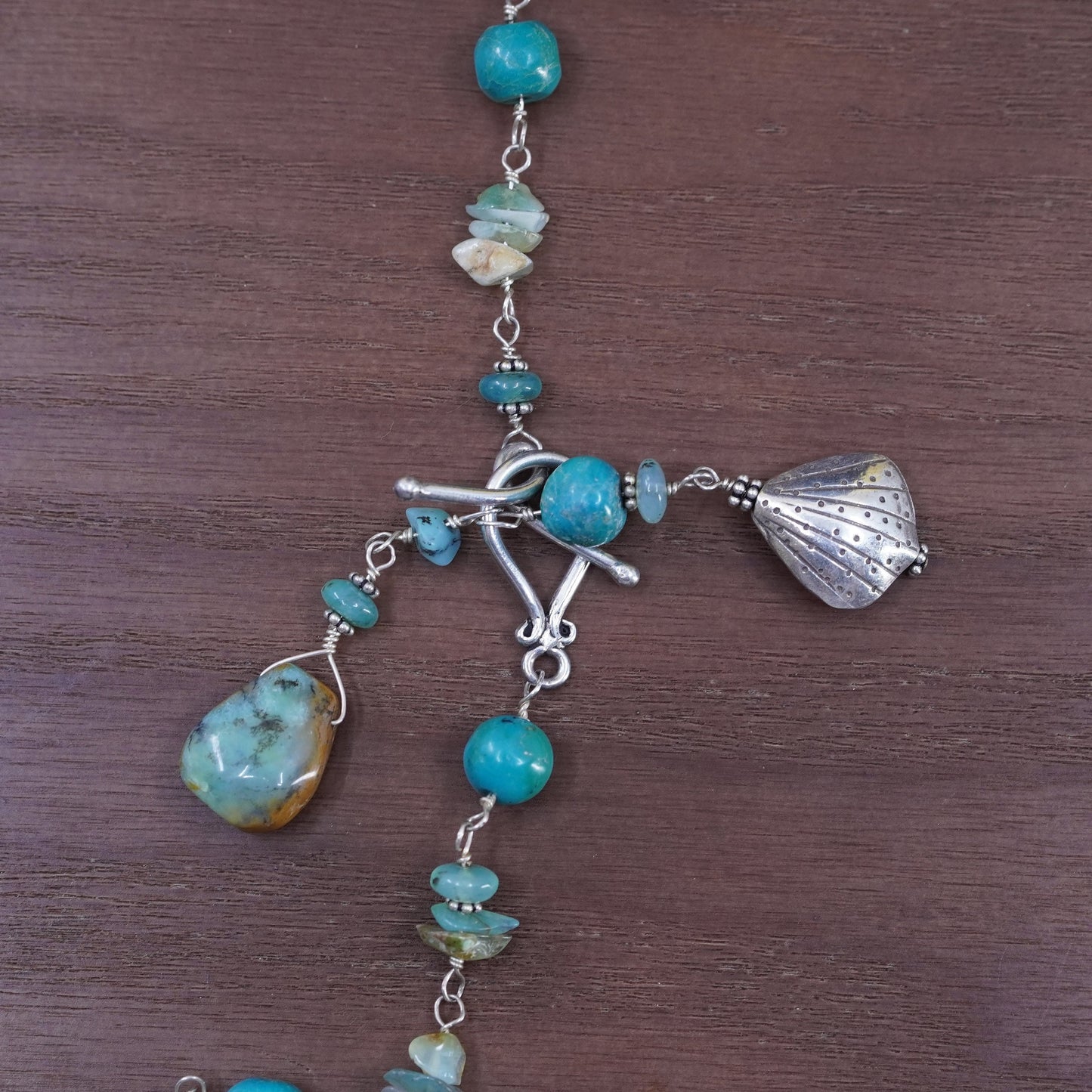 20”. Native American handmade necklace with turquoise beads and shell charms