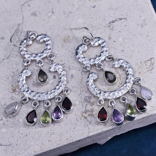 VTG sterling 925 silver hammered earrings with teardrop ruby peridot moonstone