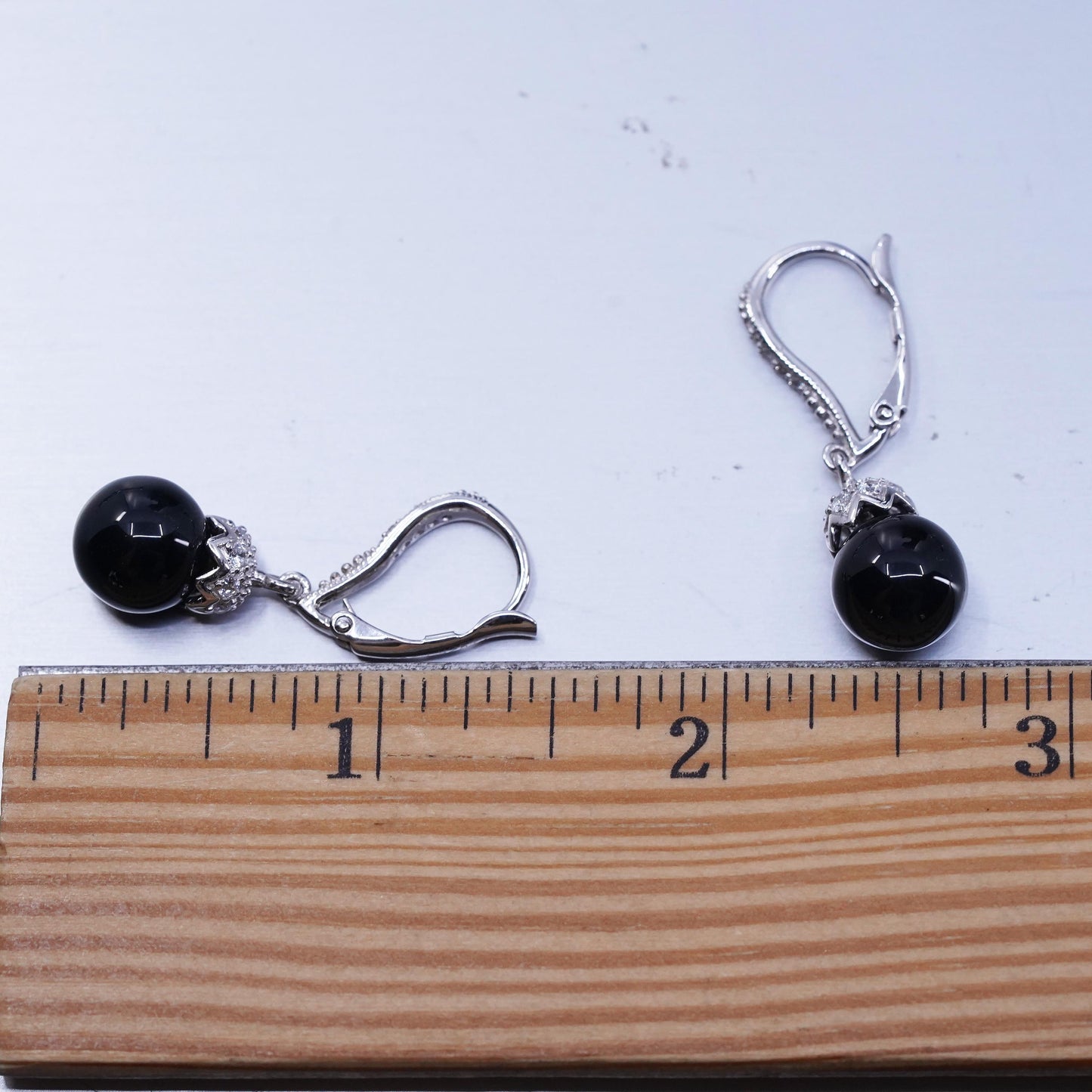 vintage Sterling silver earrings, 925 lever back with onyx beads and cz