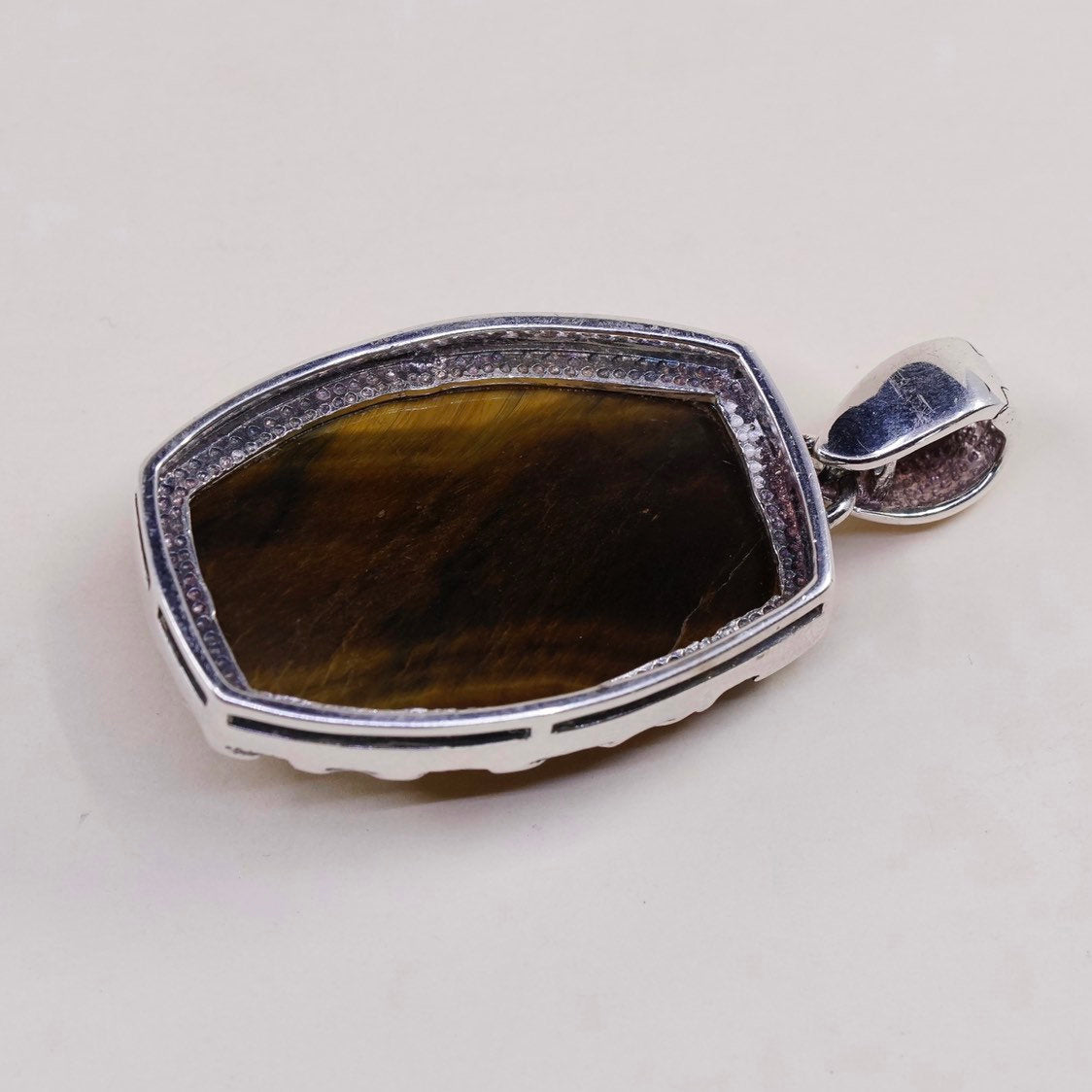 VTG WK sterling silver pendant, cushion cut golden tiger eye 925 pendant