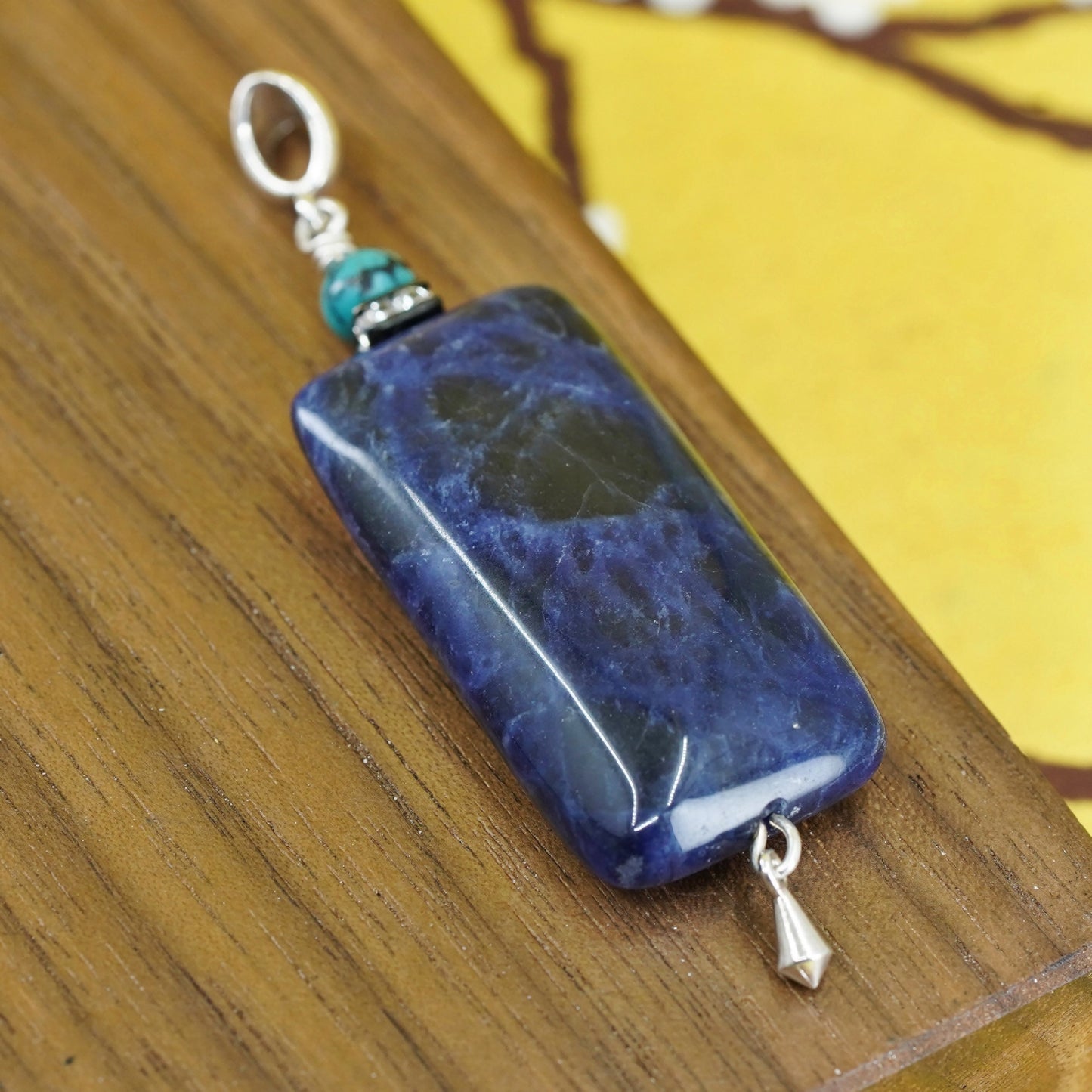 handmade Sterling 925 silver sodalite rectangular pendant and turquoise bead