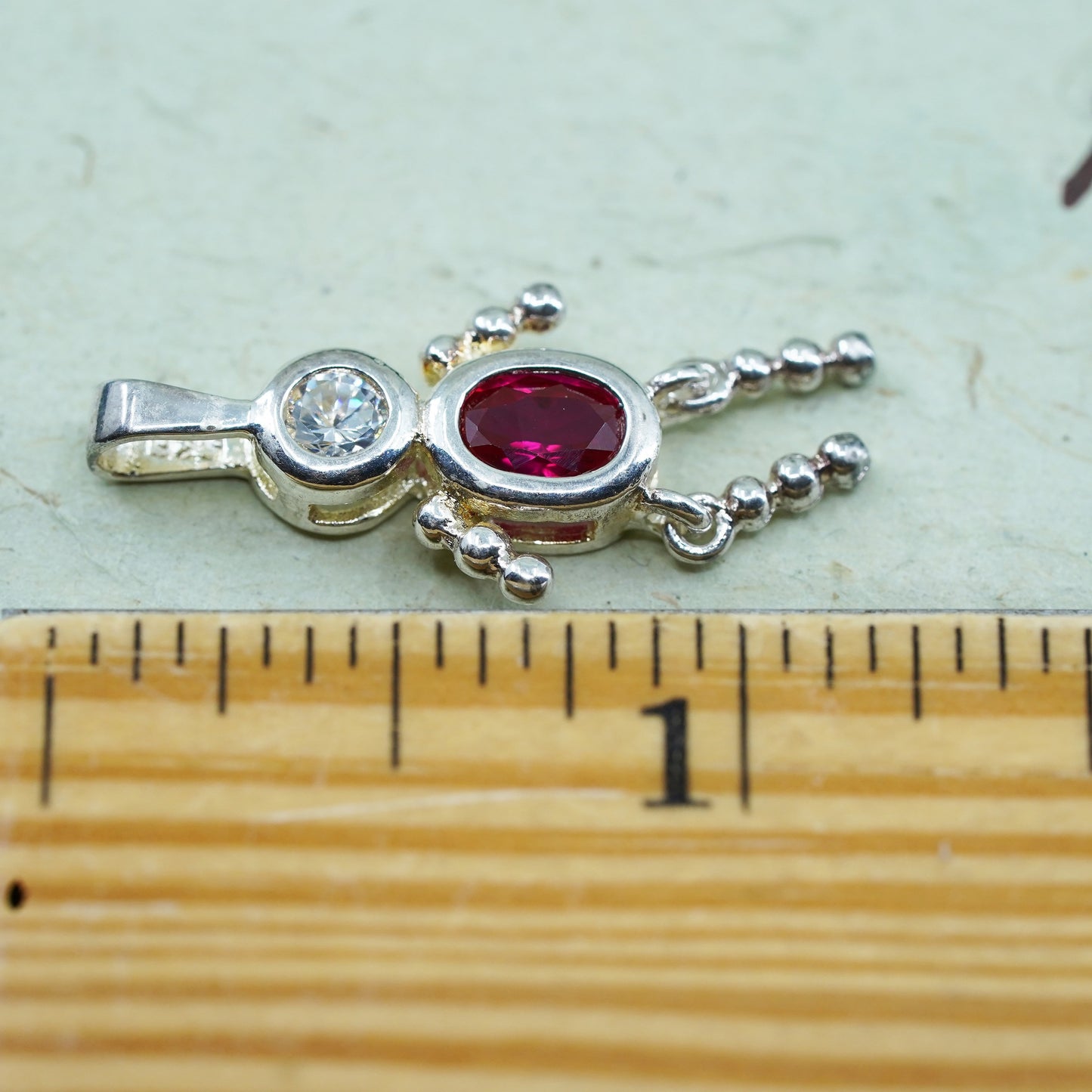 Vintage sterling 925 silver birthstone pendant boy figure charm with ruby