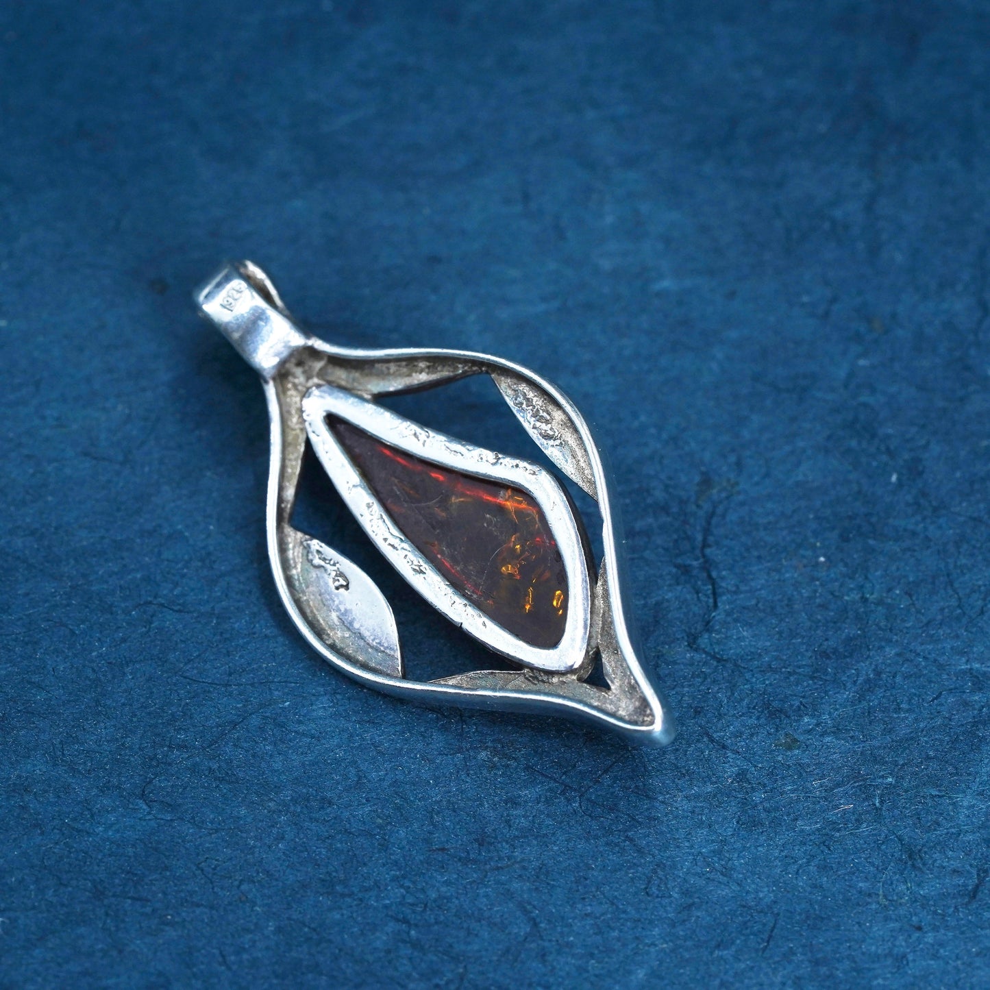 Vintage modern Sterling 925 silver handmade pendant with amber