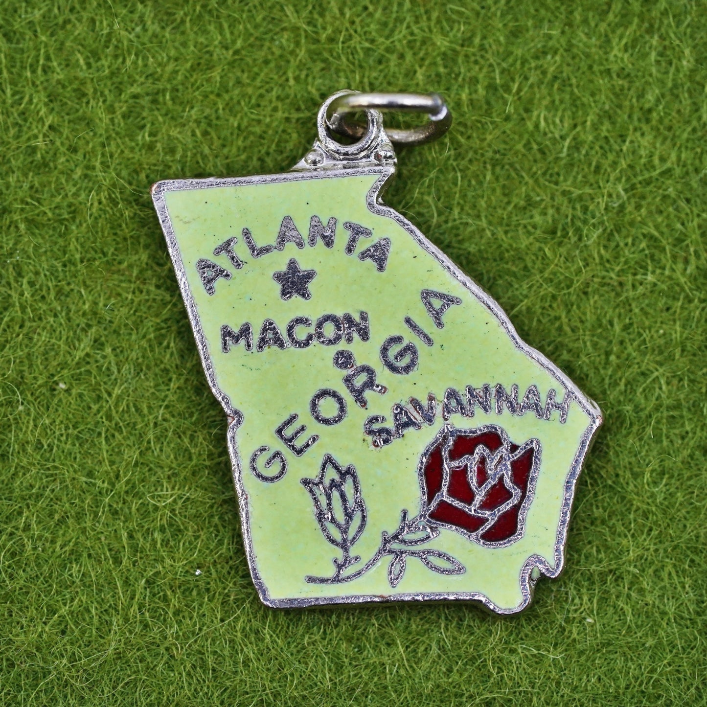 Vintage sterling handmade traveler pendant, 925 enamel Georgia state tag