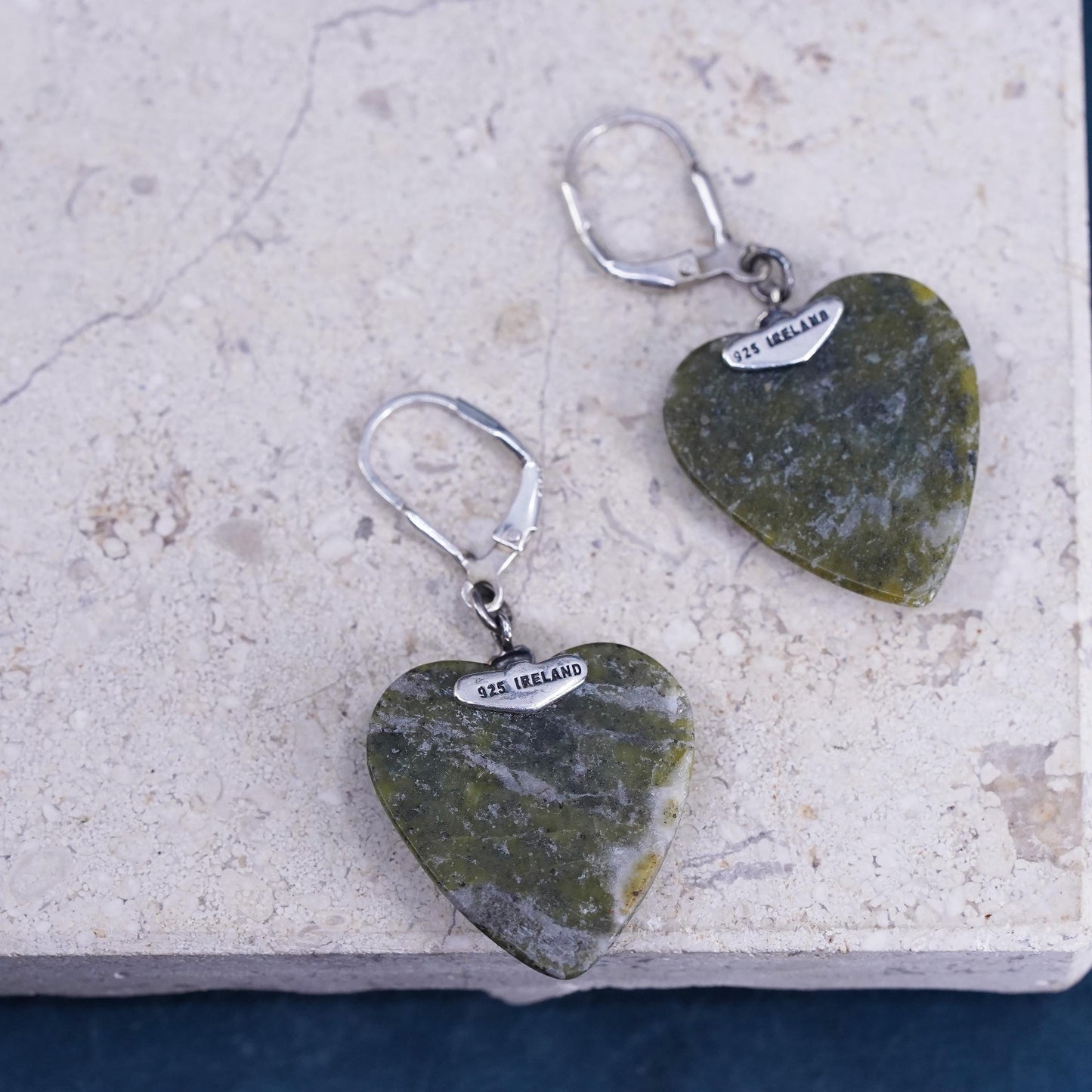 Irish Sterling 925 silver clover earrings heart connemara marble lever back