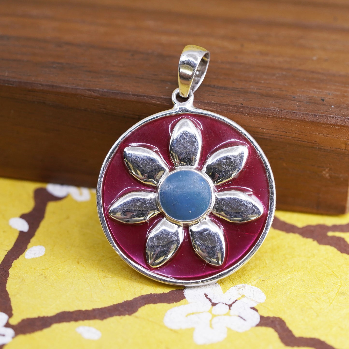 Sterling silver flower pendant, 925 circle charm with enamel and turquoise