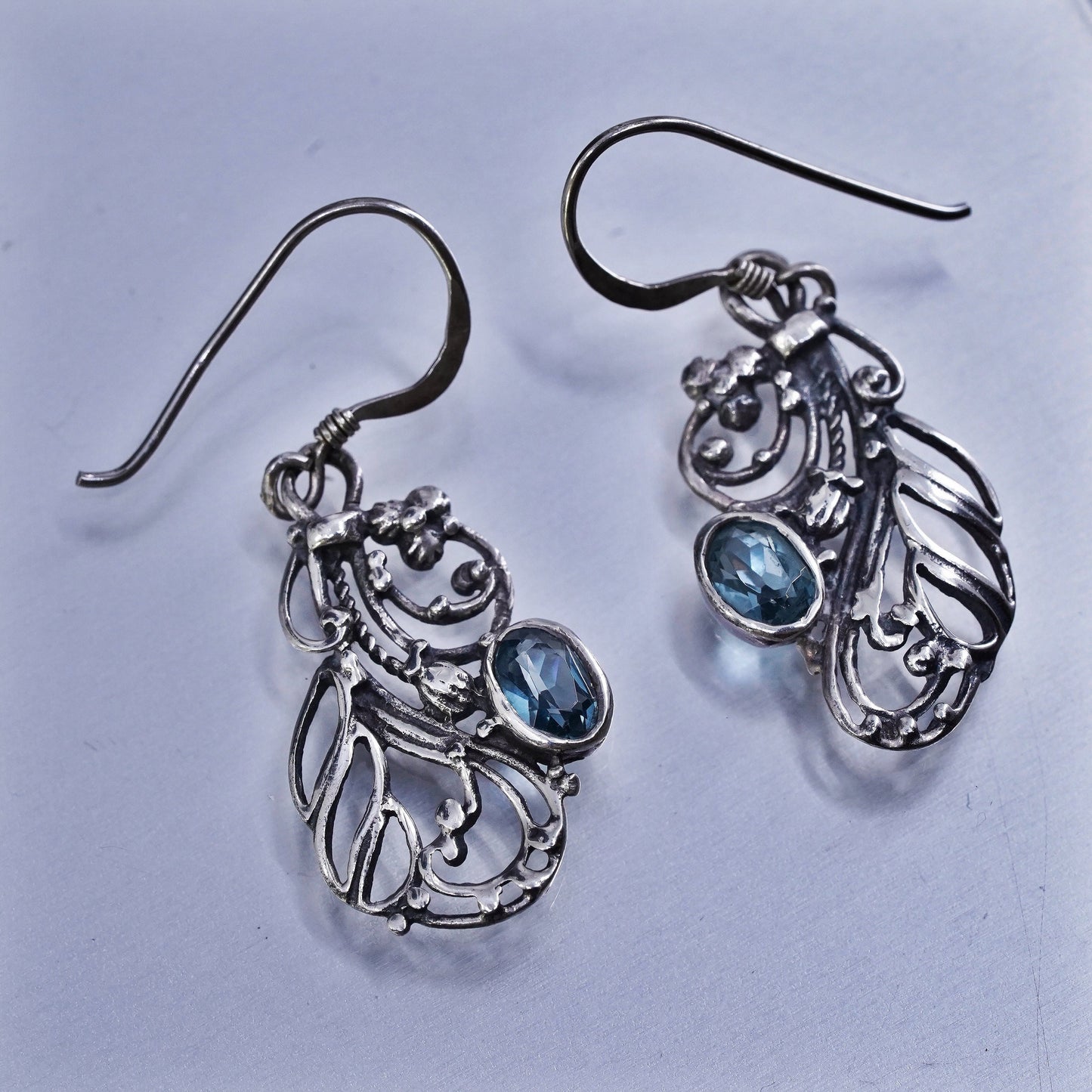 Vintage Sterling 925 silver filigree beaded earrings with blue topaz