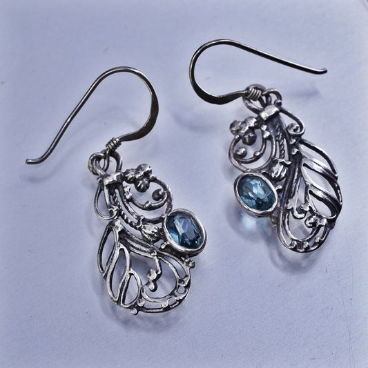 Vintage Sterling 925 silver filigree beaded earrings with blue topaz