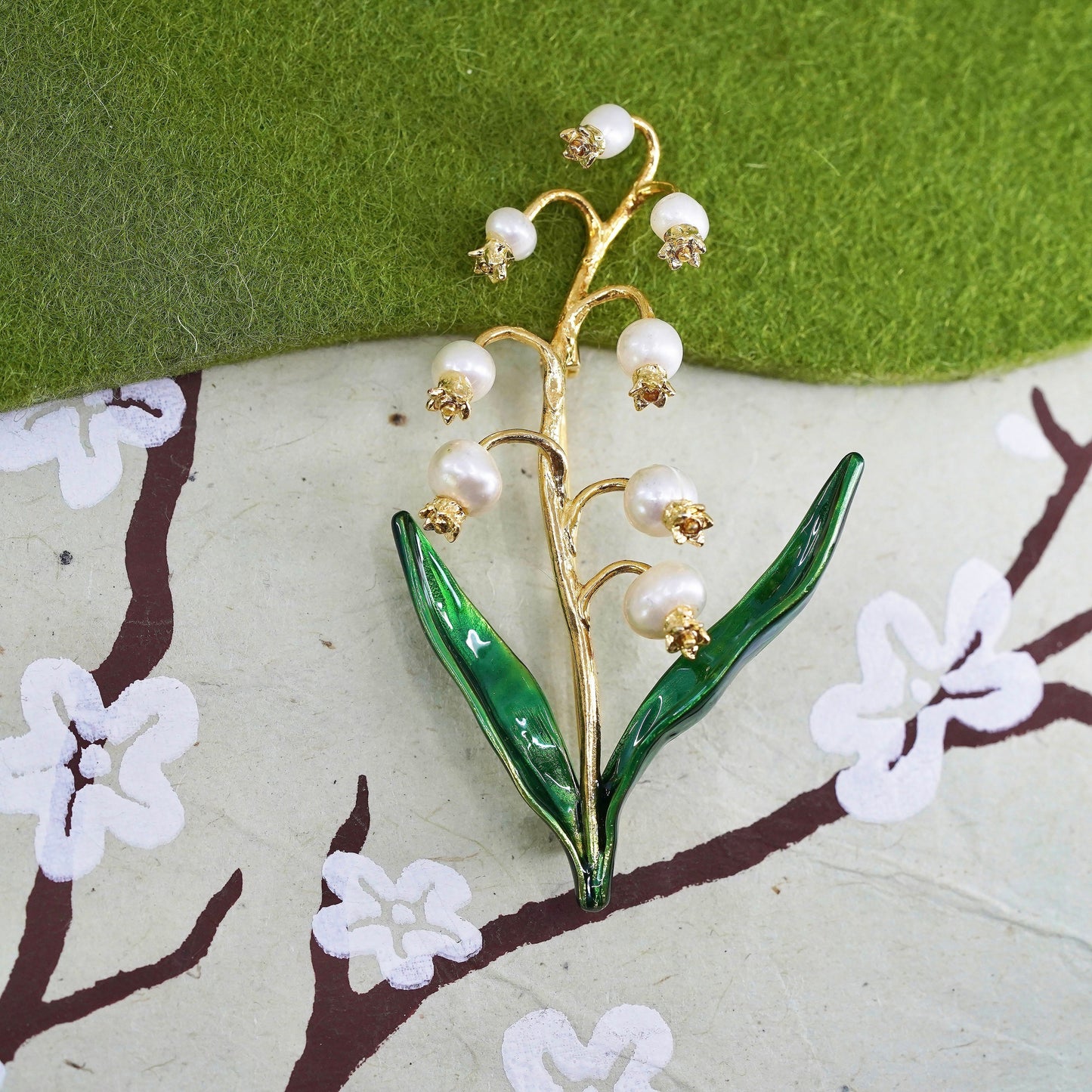 Lily of Valley Pearl Brooch, MMA FFB Sterling silver 925 vermeil Gold Enamel