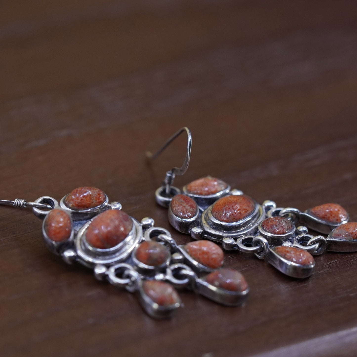 Native American signed SUN RAYS Sterling 925 silver handmade earrings w/ coral