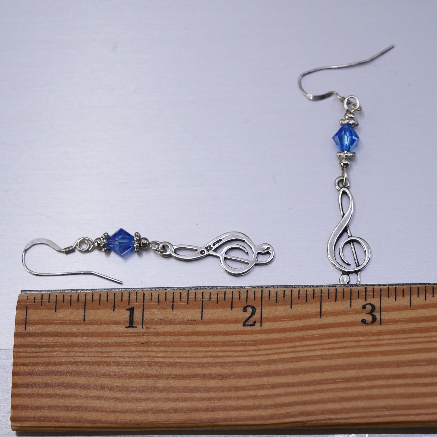Vintage Sterling silver handmade earrings, 925 music note with blue crystal
