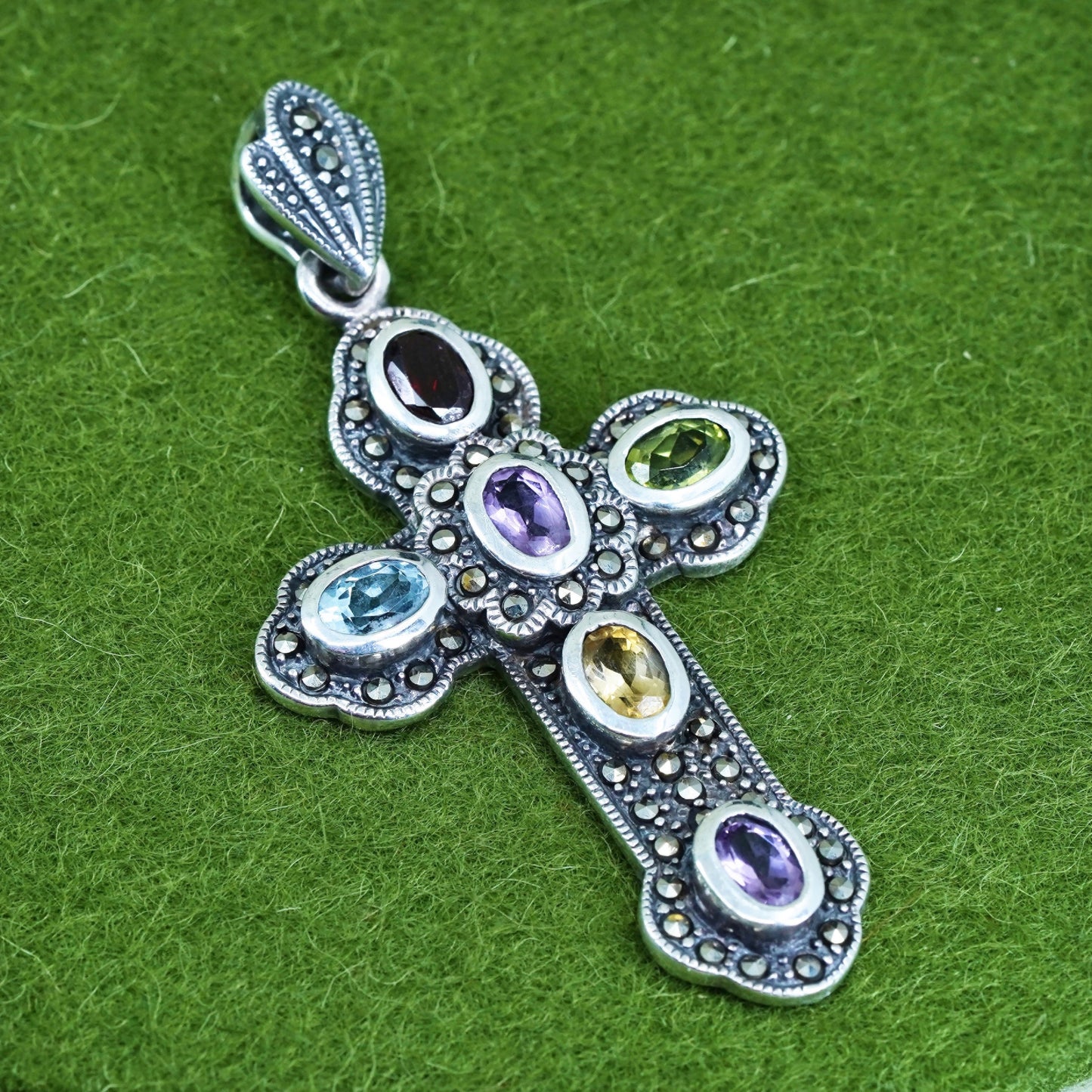 Sterling silver pendant, 925 cross with amethyst ruby topaz citrine marcasite