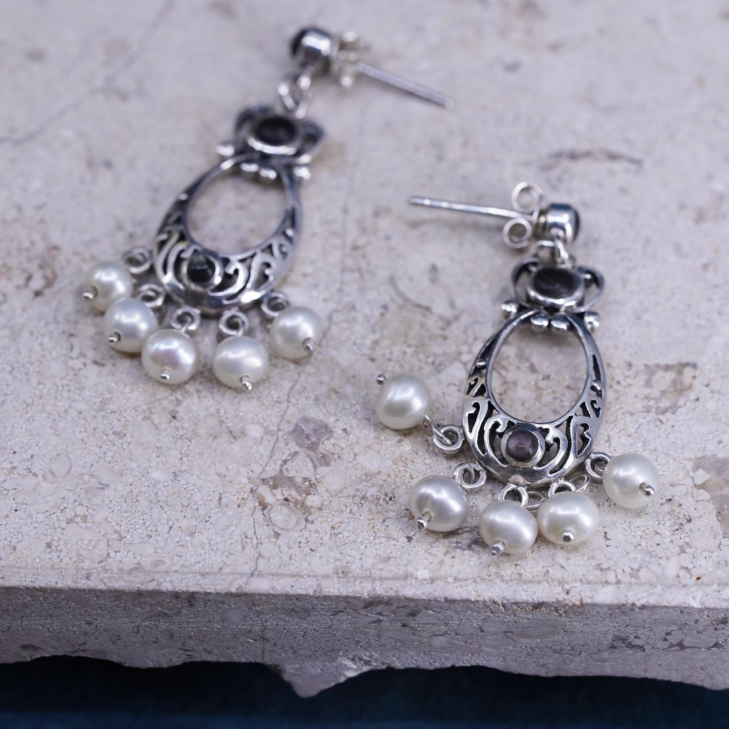 VTG Sterling silver handmade earrings, 925 filigree drops cluster pearl beads