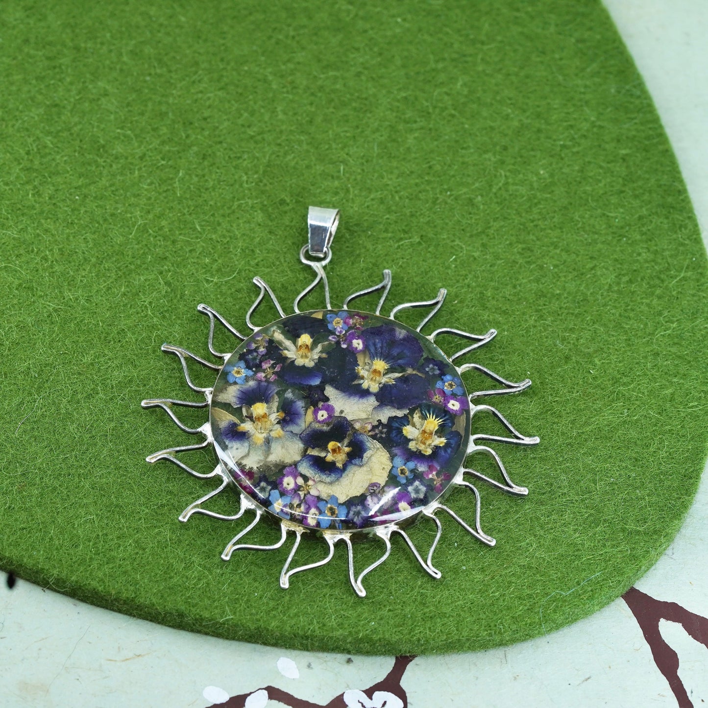 Vintage Sterling silver handmade pendant, huge 925 resin sun w/ flower pendant