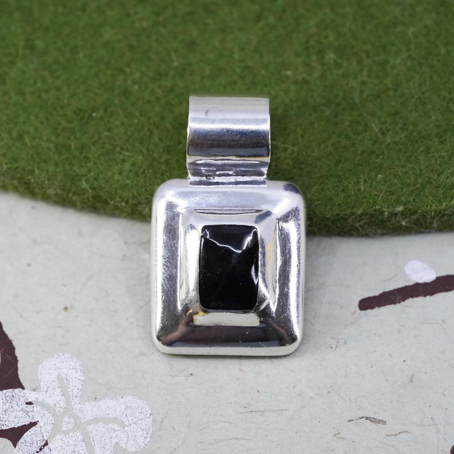 VTG handmade sterling silver pendant, Mexican 925 silver rectangle black onyx