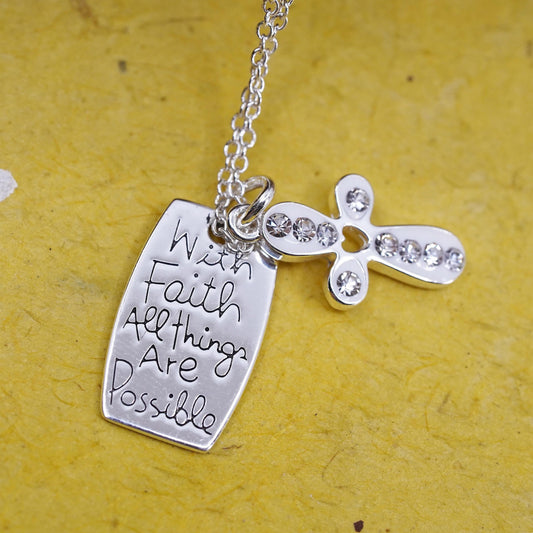 16+2”, Sterling silver necklace, 925 cross tag “all things are possible pendant