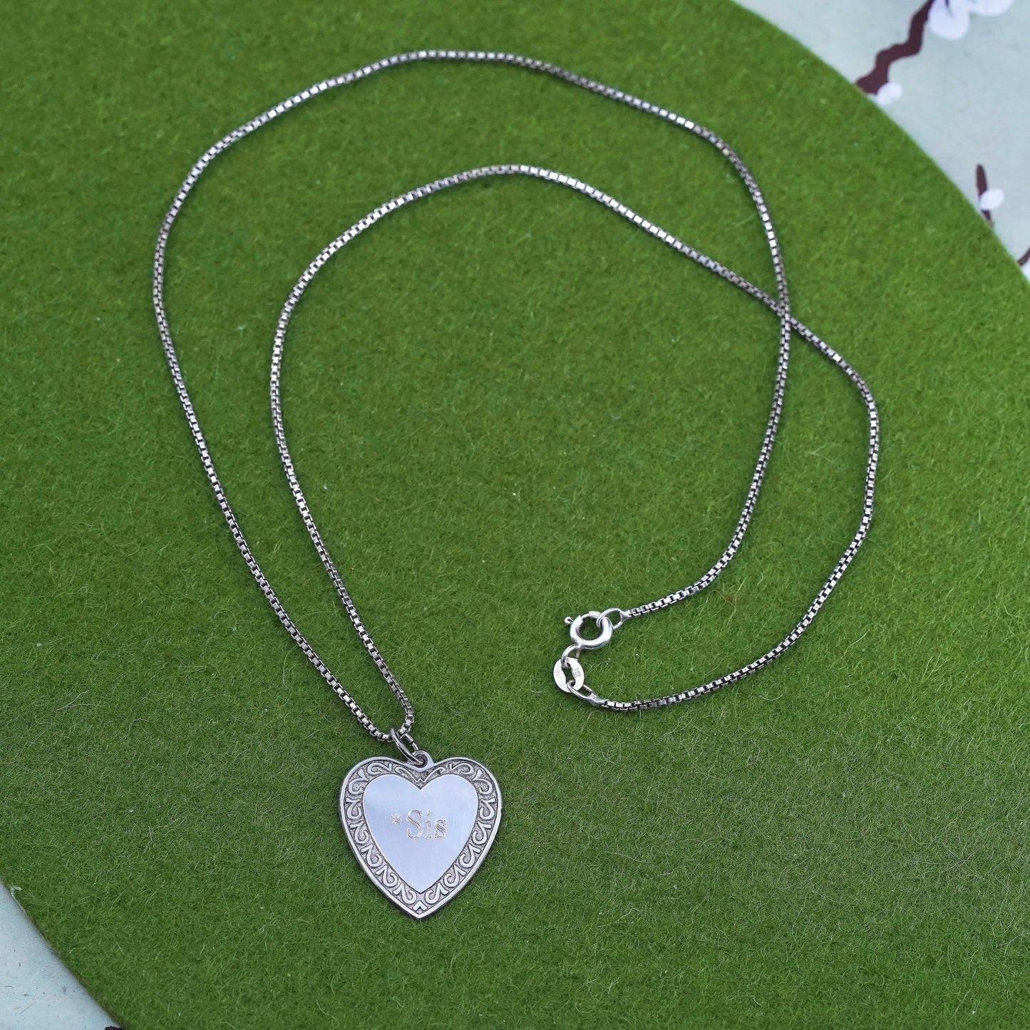 20”, sterling silver box chain necklace heart pendant engraved “sis love dick”